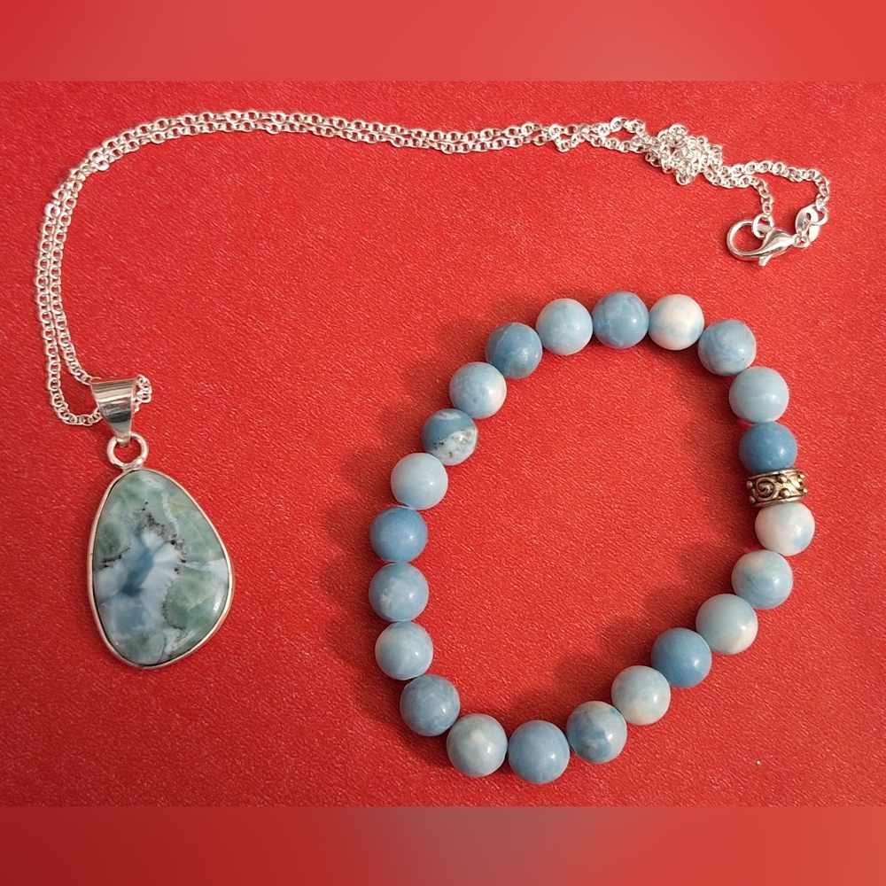 Genuine Larimar Sterling silver Pendant, Necklace, Bracelet Set